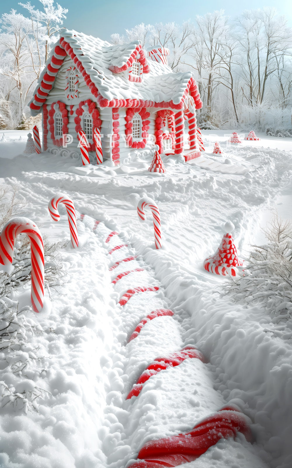 Fondo de casa cubierta de nieve navideña con camino de bastón de caramelo diseñado por Patty Robert