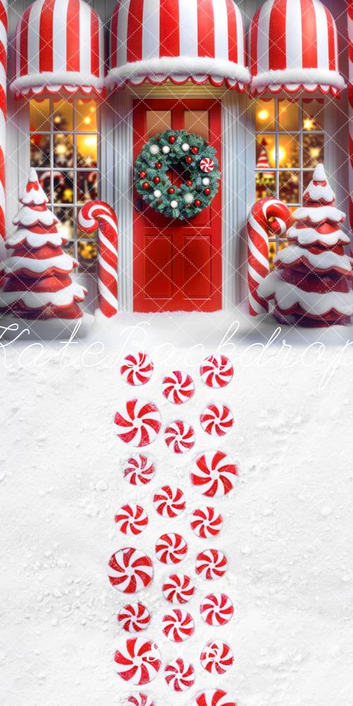 Sweep Christmas Candy Cane Shop Peppermint Snow Backdrop Designed by Mini MakeBelieve