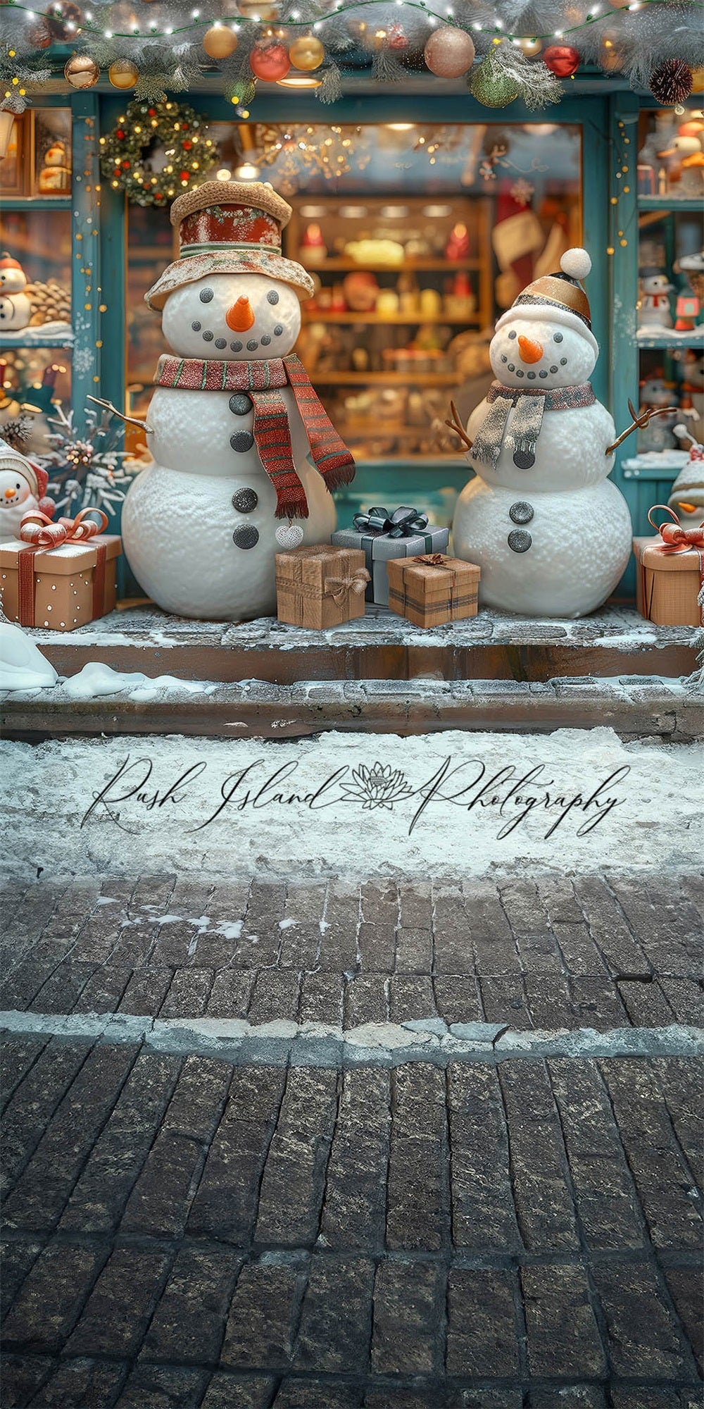 Kate Sweep Christmas Happy Snowman Shop Brick Backdrop Designed by Laura Bybee
