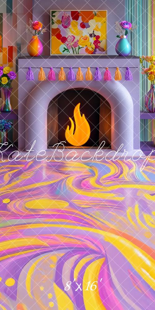 Kate Sweep Colorful Floral Fireplace Backdrop Designed by Mini MakeBelieve