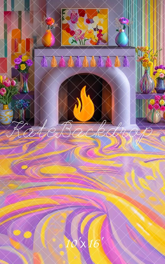 Kate Sweep Colorful Floral Fireplace Backdrop Designed by Mini MakeBelieve