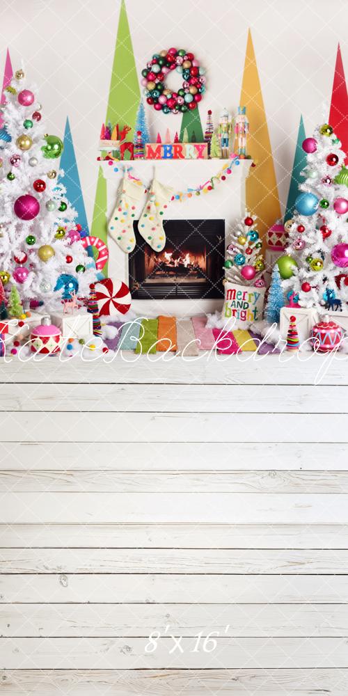 Kate Christmas White Trees Colorful Fireplace Ornaments Backdrop Designed by Mandy Ringe Photography