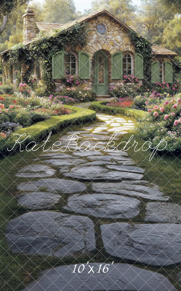 Kate Rustic Stone Cottage Garden Path Flowers Backdrop Designed by Mini MakeBelieve
