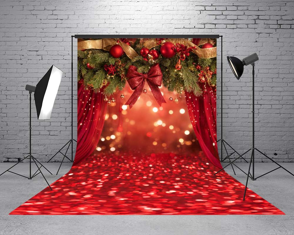 Kate Sweep Christmas Red Garland Curtain Bow Bokeh Backdrop Designed by Emetselch