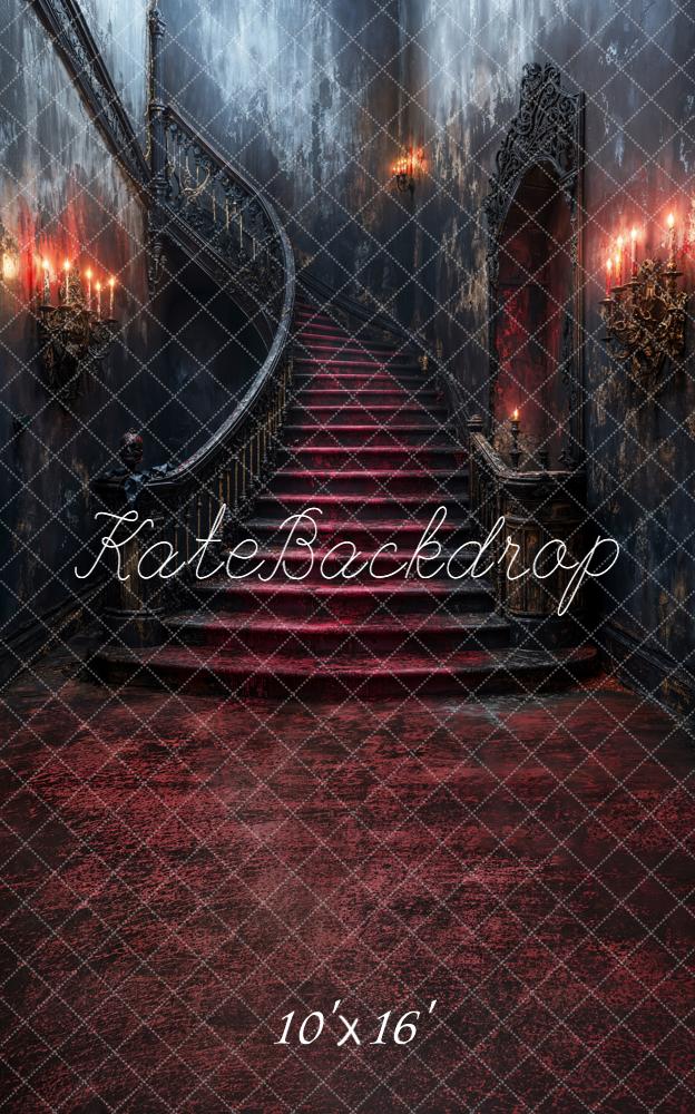 Kate Sweep Halloween Gothic Cascading Stairs Red Carpet Printed Backdrop Designed by Emetselch