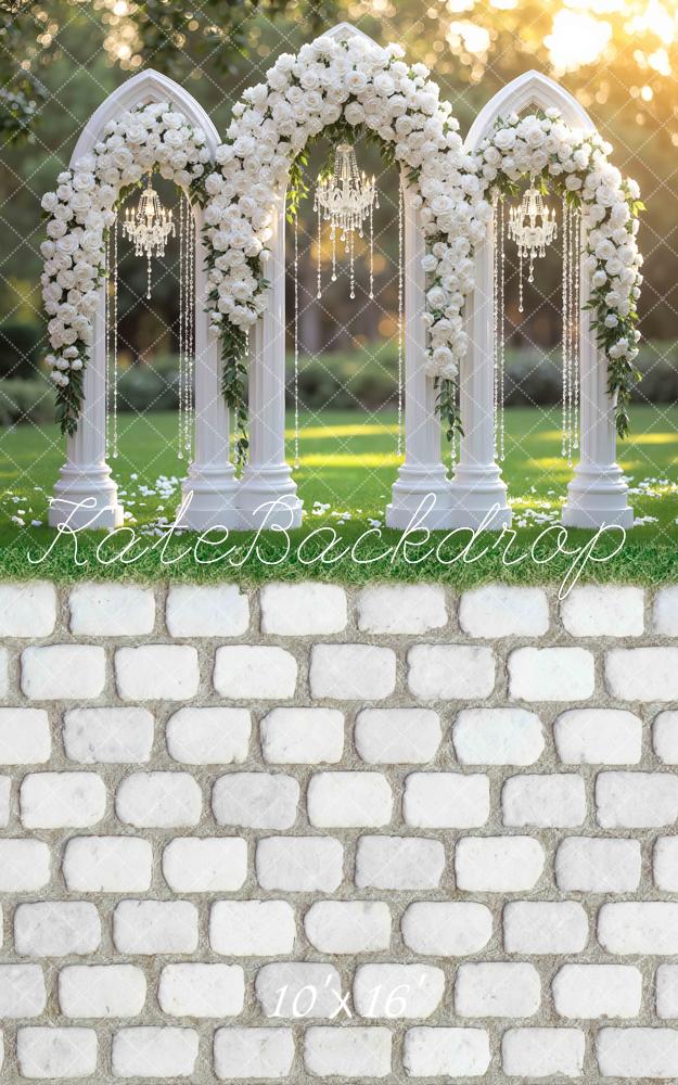 Kate Sweep Spring Flower Arch White Roses Chandelier Columns Backdrop Designed by Mini MakeBelieve