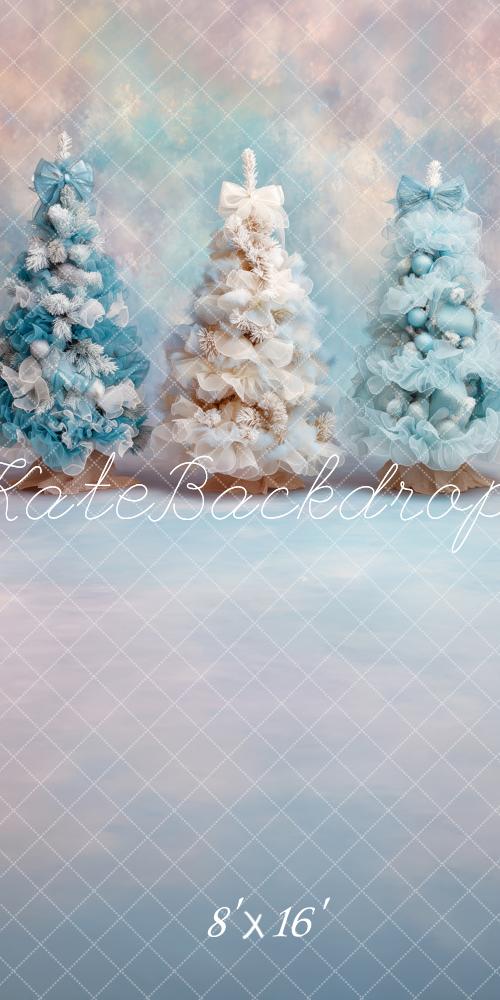 Kate Christmas Flocked Trees Ribbons Bows Dreamy Pastel Clouds Backdrop Designed by Patty Robert