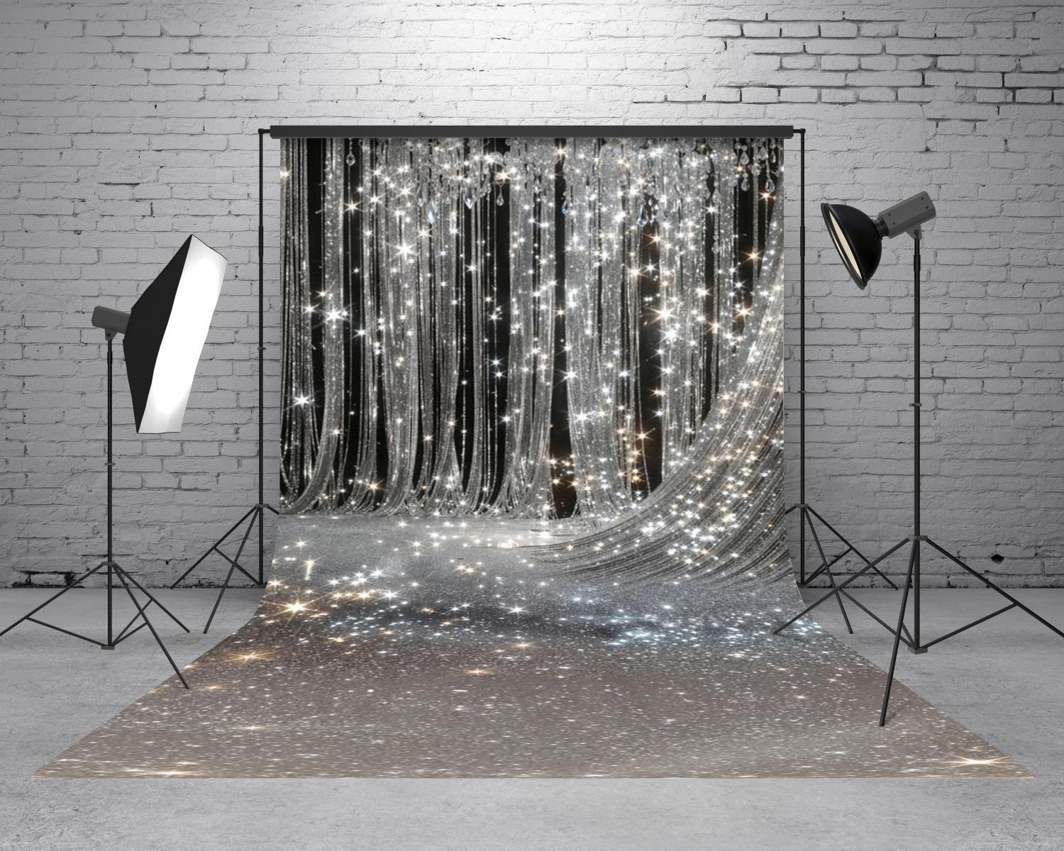 Kate Sweep Silver Glitter Crystal Chandelier Drapes Printed Backdrop Designed by Chain Photography