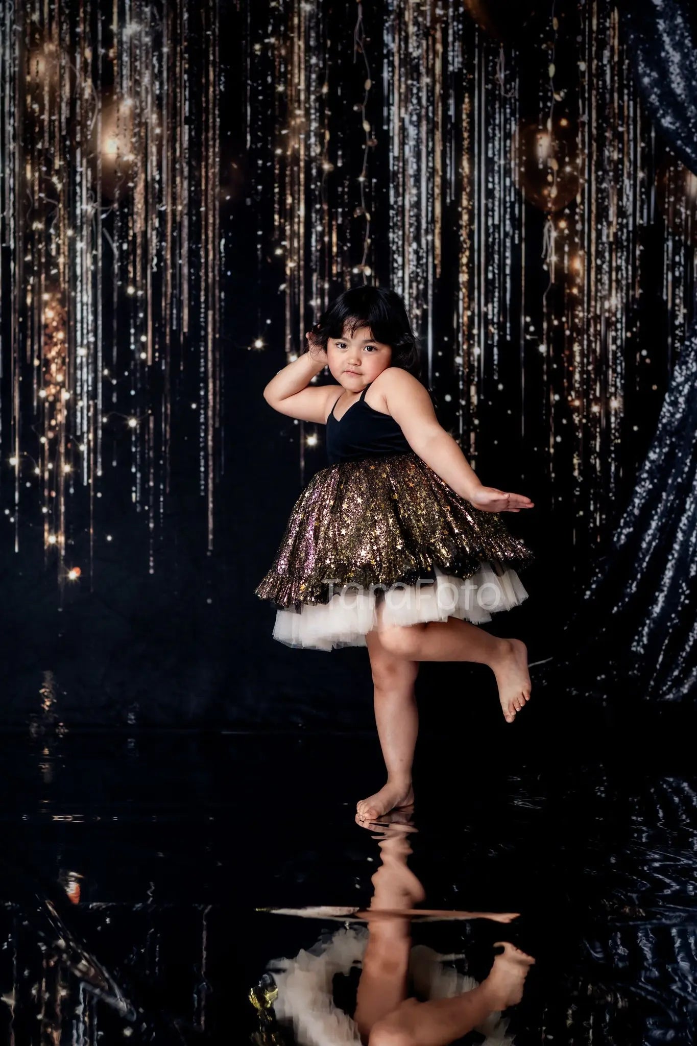 Kate New Year Gold Balloons Glittering Streamers Sequin Curtains Black Printed Backdrop Designed by Emetselch
