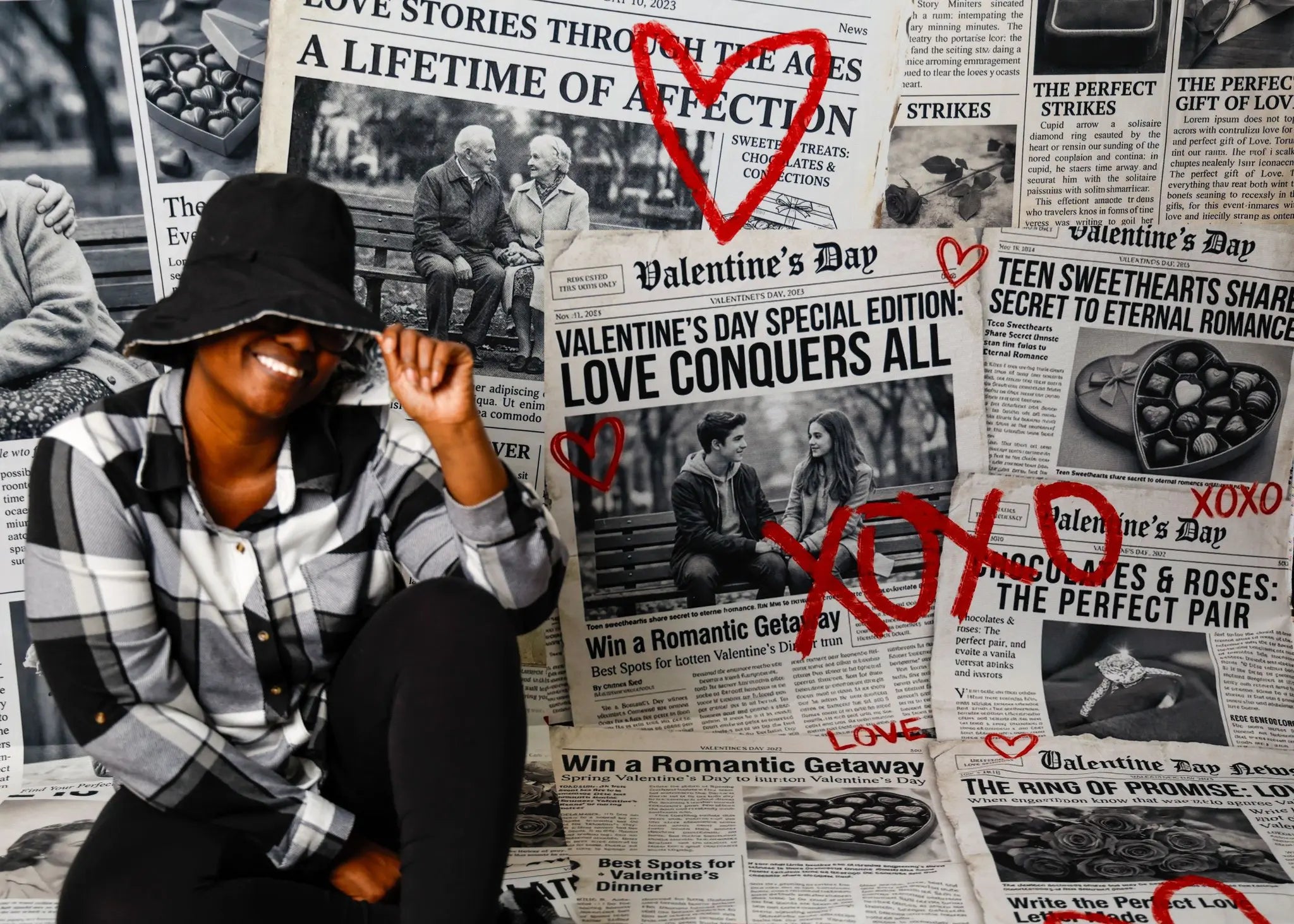 Kate Valentine's Day Newspaper Collage Love Hearts Printed Backdrop Designed by Chain Photography