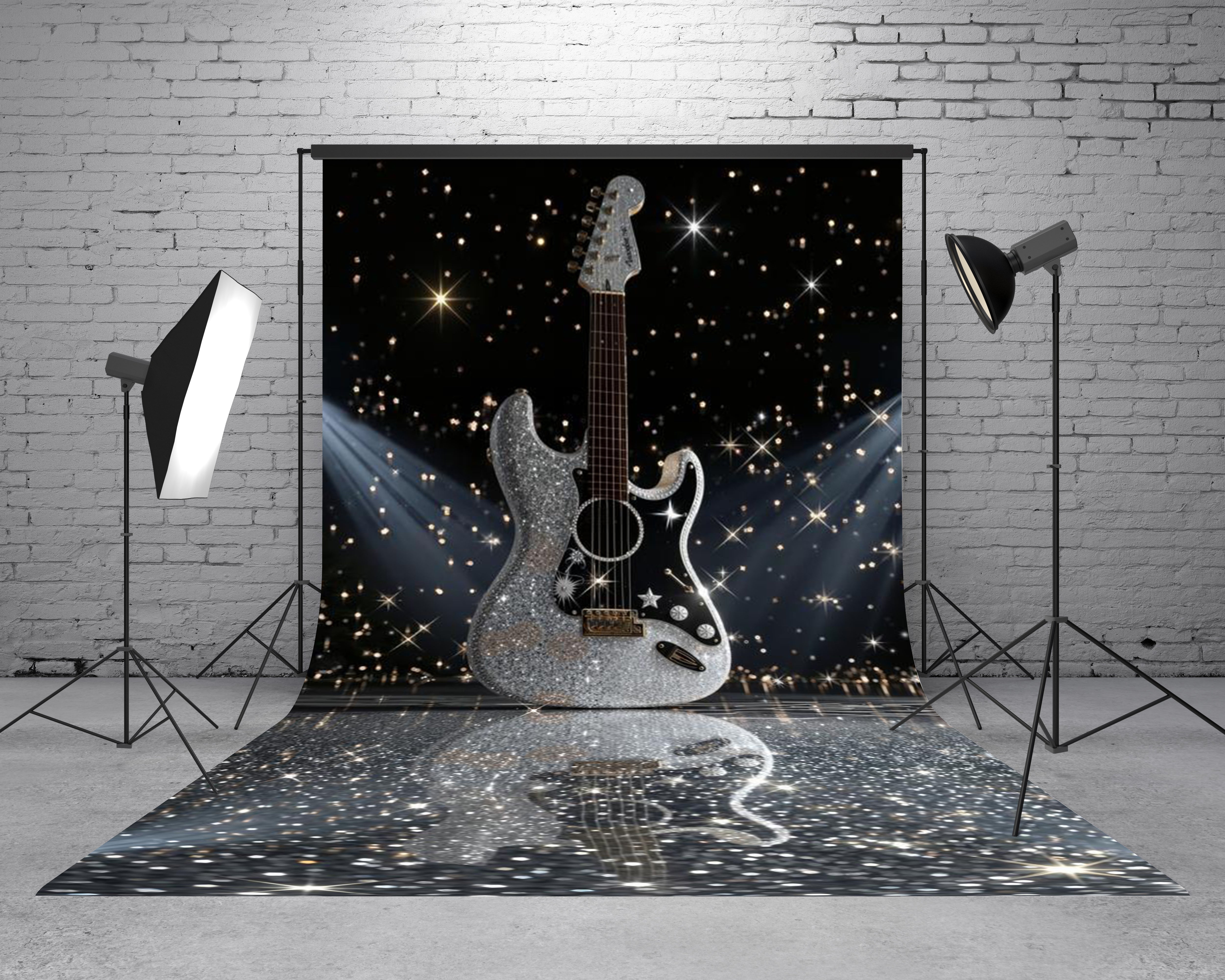 Kate Sweep Silver Glitter Guitar Stage Lights Printed Backdrop Designed by Emetselch