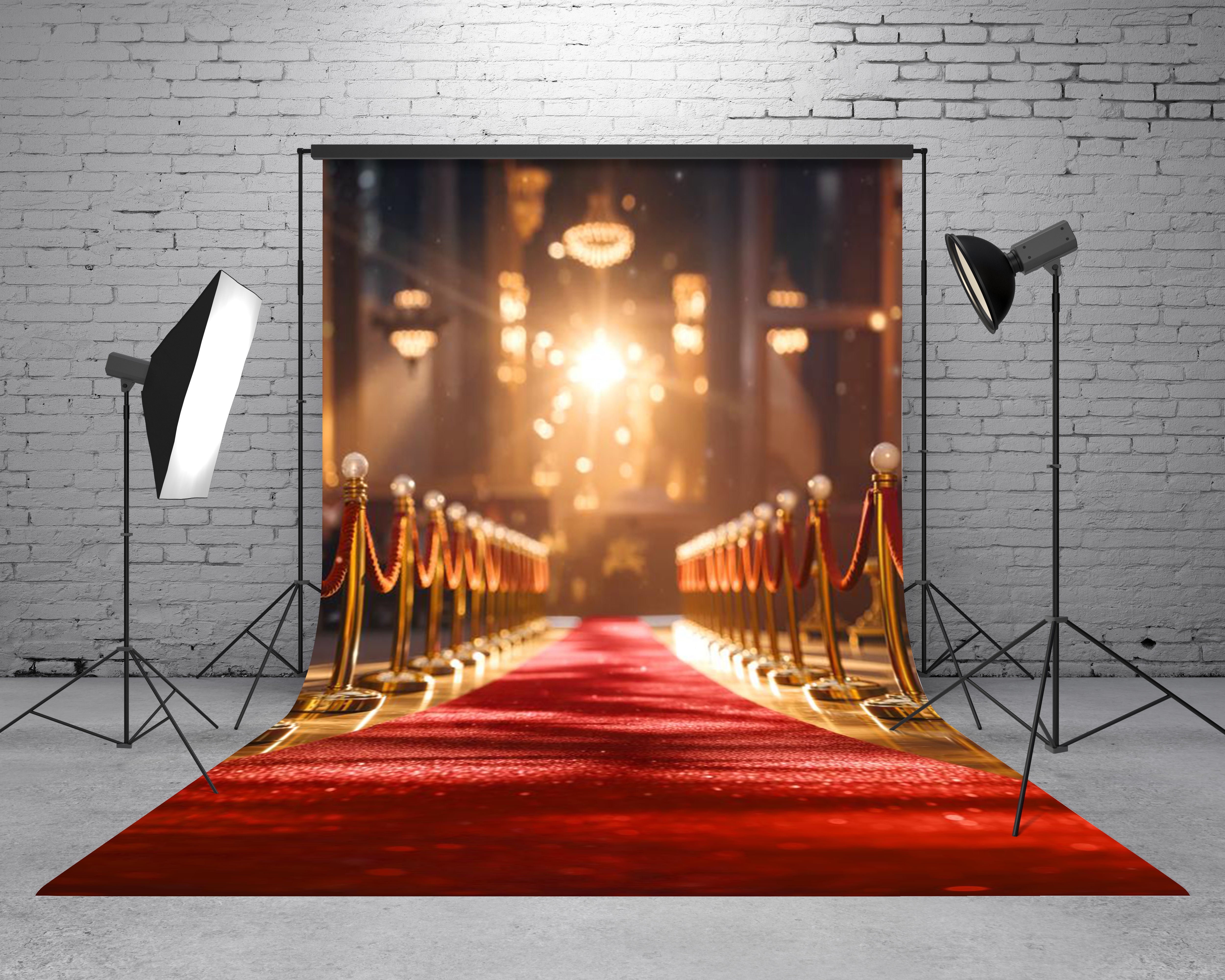 Kate Sweep Red Carpet Aisle Gold Stanchions Bokeh Lights Printed Backdrop Designed by Emetselch