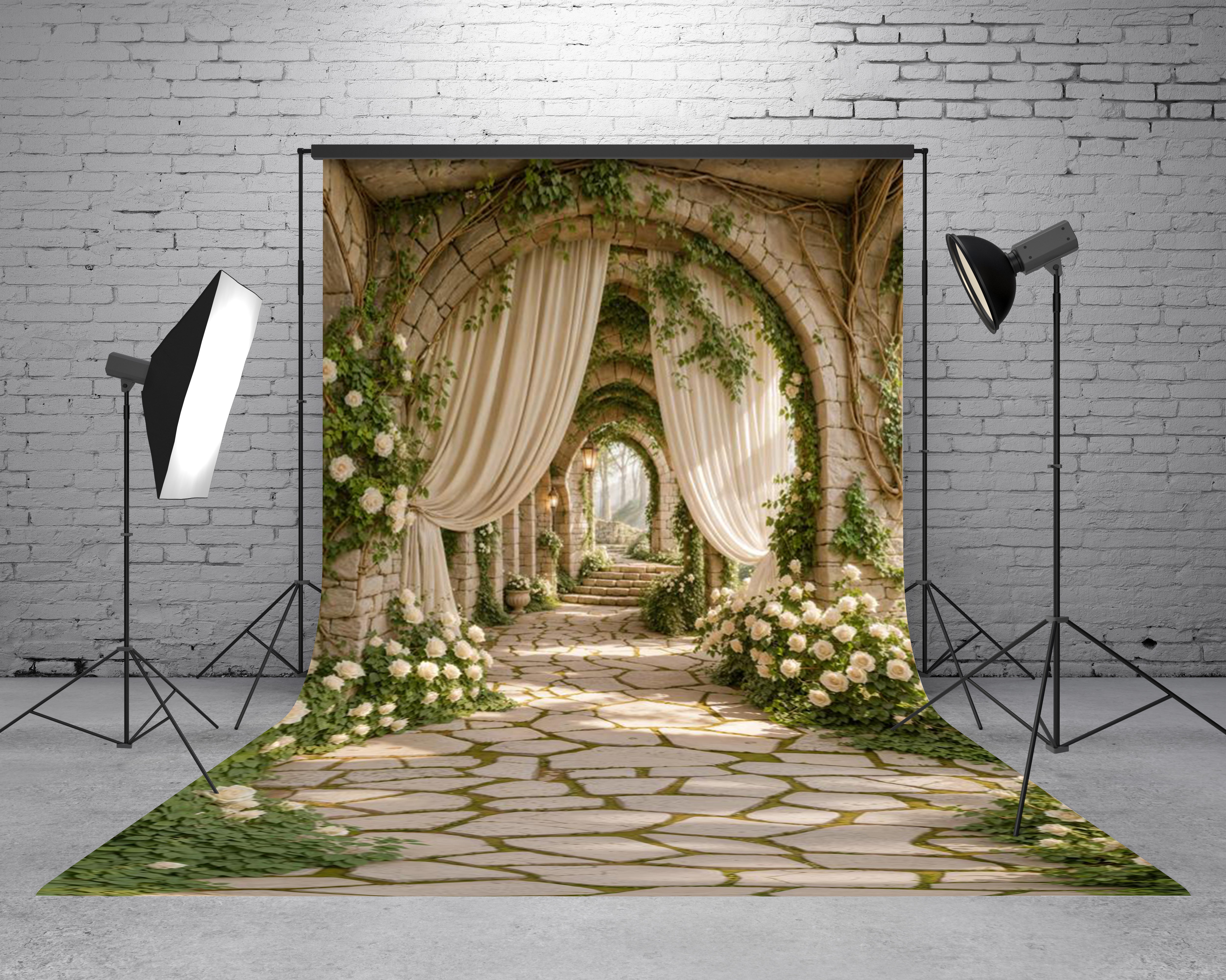 Kate Sweep Spring Stone Archway White Roses Draped Curtains Cascading Stairs Printed Backdrop Designed by Emetselch
