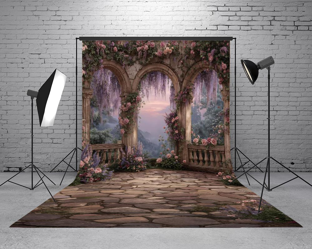 Kate Sweep Spring Flower Arch Stone Arches Cobblestone Path Printed Backdrop Designed by Chain Photography