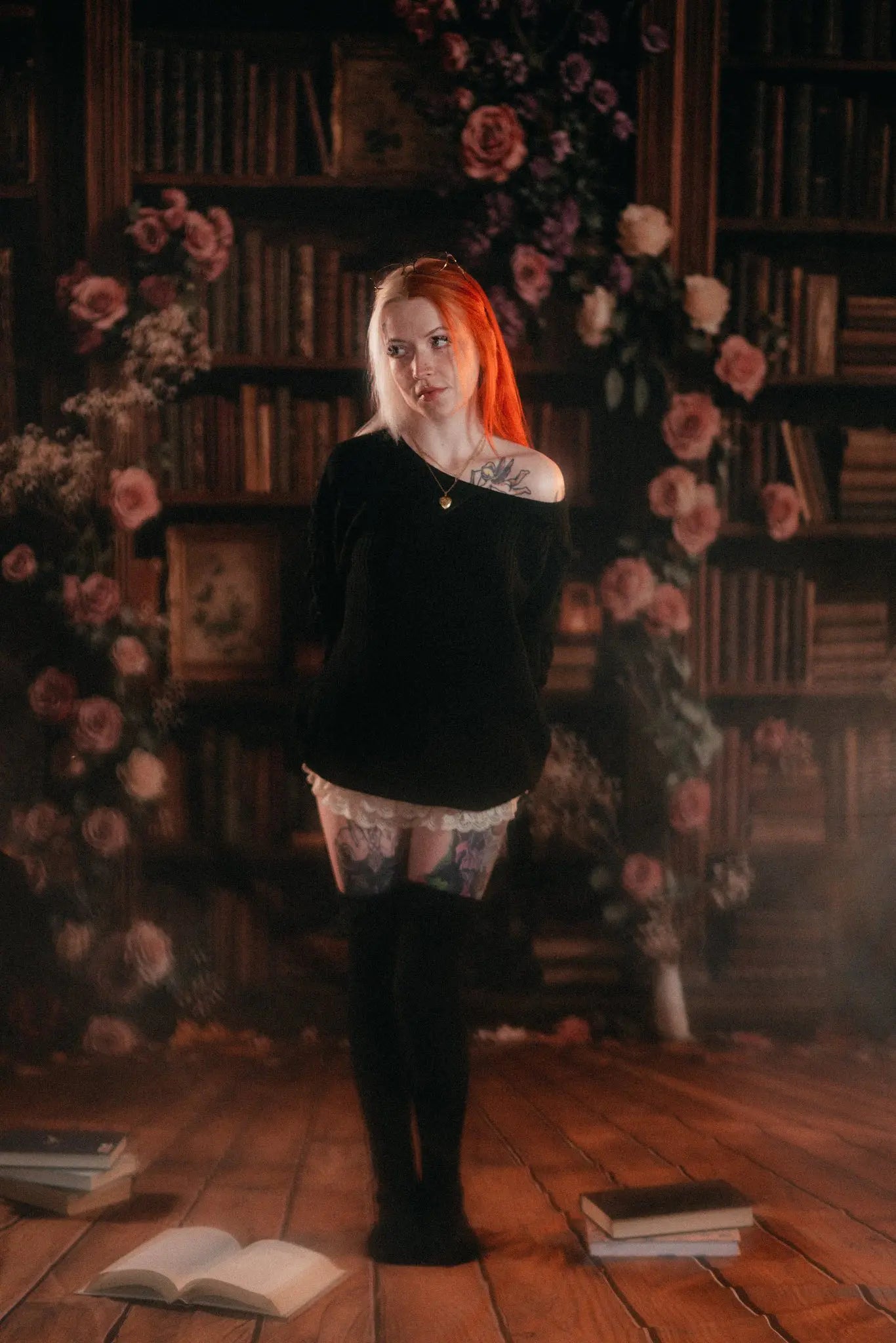 Kate School Library Bookshelf Floral Arch Wood Floor Printed Backdrop Designed by Emetselch