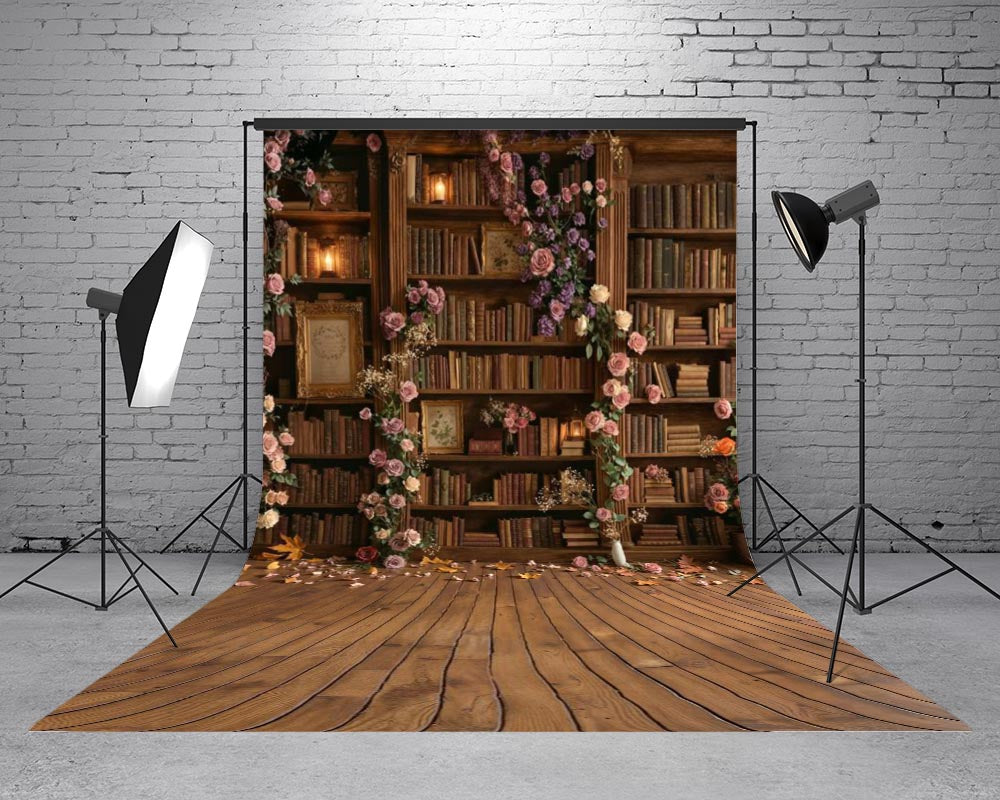 Kate Sweep School Library Bookshelf Floral Arch Wood Floor Printed Backdrop Designed by Emetselch