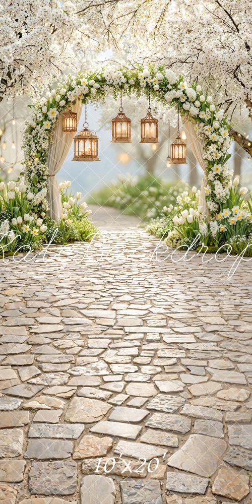 Kate Sweep Spring Flower Arch White Blossoms Lanterns Pathway Backdrop Designed by Emetselch