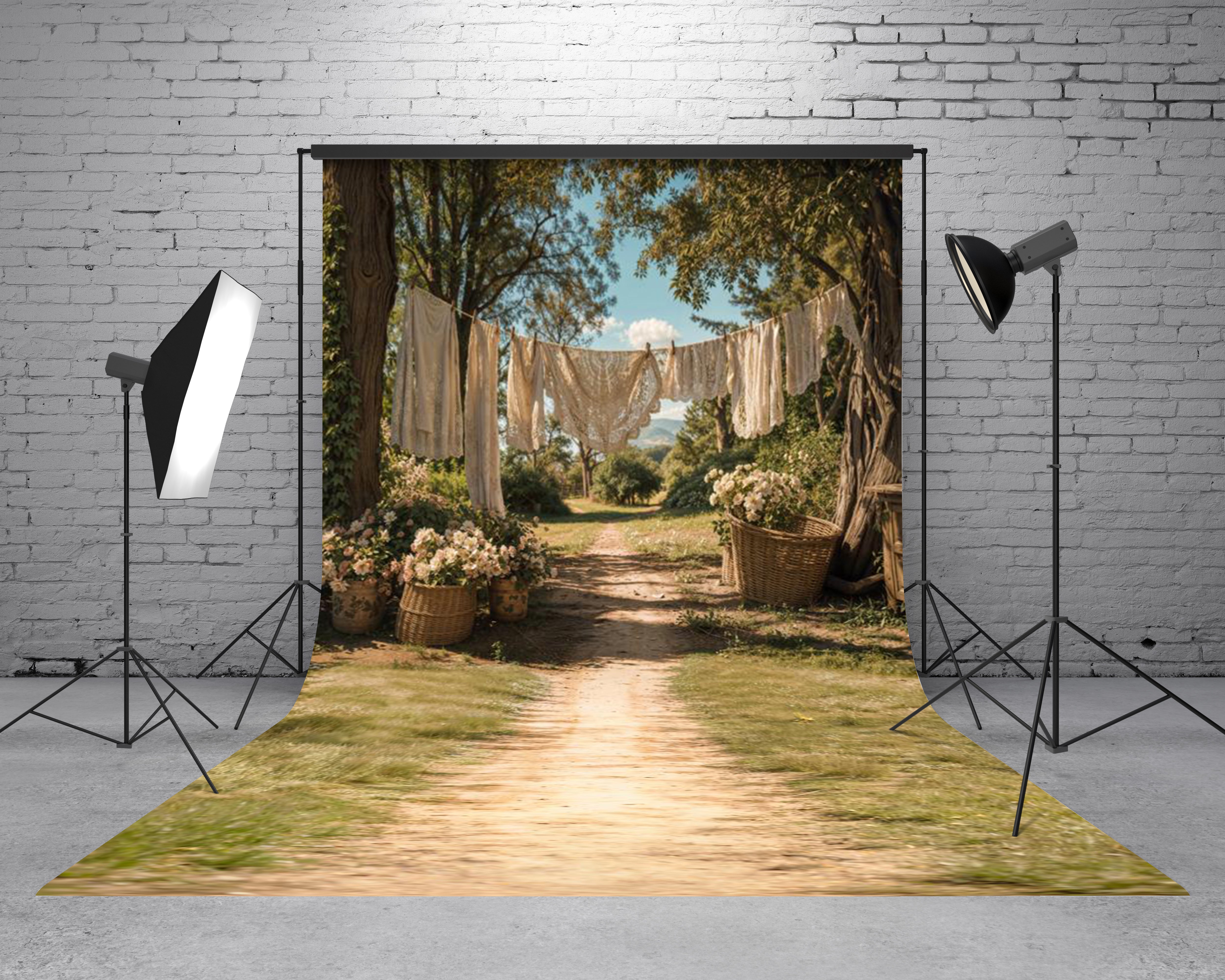 Kate Sweep Country Path Clothesline Flowers Baskets Trees Printed Backdrop Designed by Emetselch