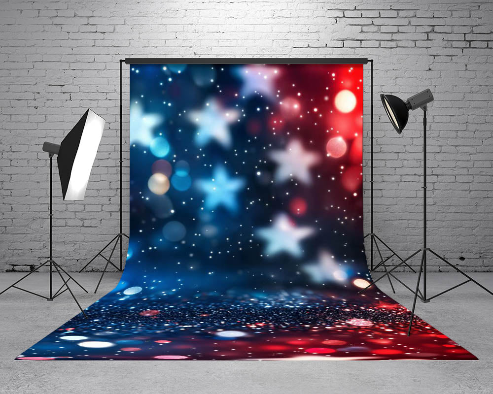 Kate Sweep 4th of July Red Blue Star Bokeh Glitter Printed Backdrop Designed by Chain Photography