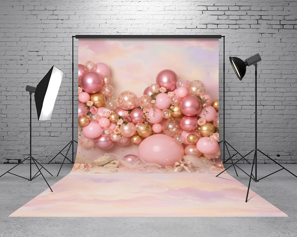 Kate Sweep Cake Smash Pink Balloon Garland Roses Pastel Clouds Printed Backdrop Designed by Emetselch