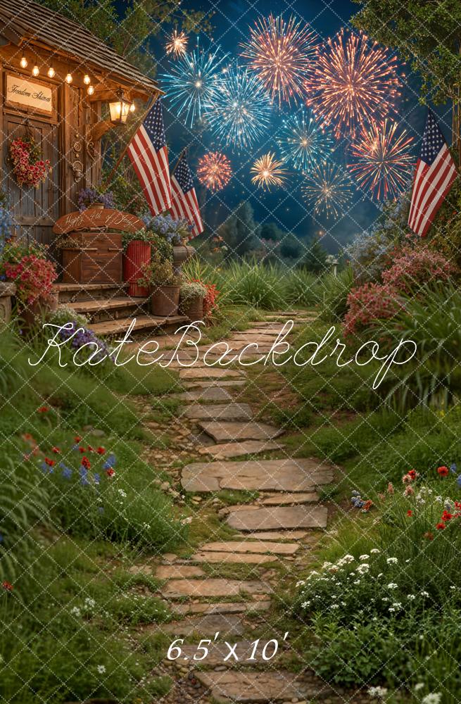Kate 4th of July Patriotic Fireworks Porch Garden American Flags Printed Backdrop Designed by Emetselch
