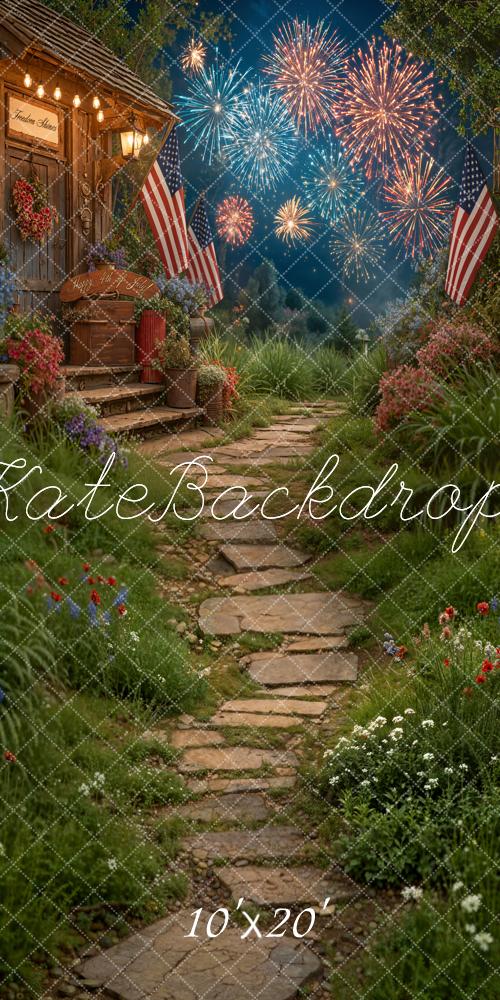 Kate 4th of July Patriotic Fireworks Porch Garden American Flags Printed Backdrop Designed by Emetselch