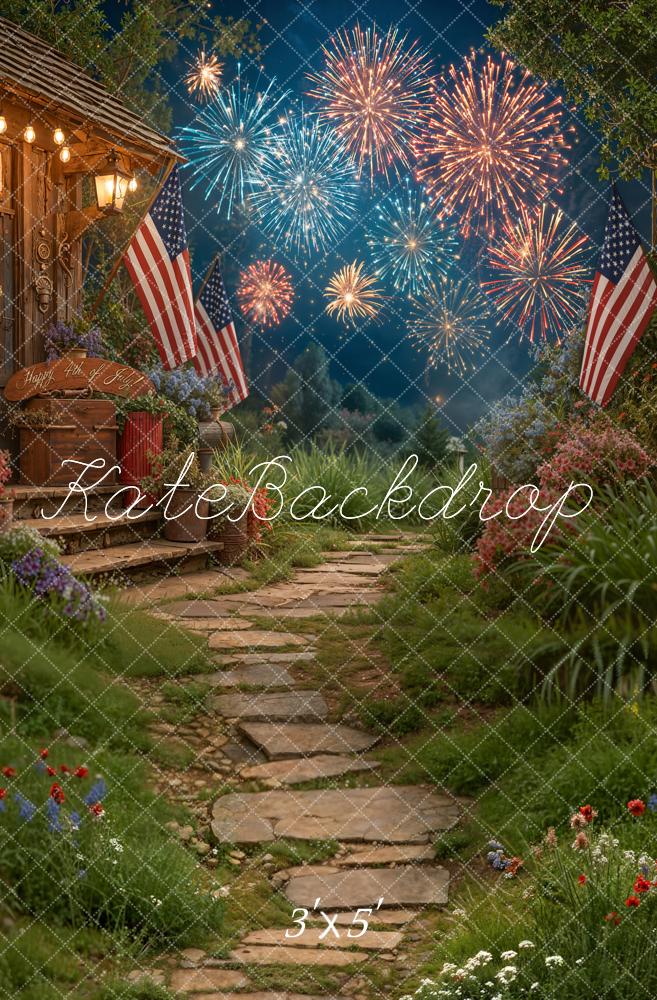Kate 4th of July Patriotic Fireworks Porch Garden American Flags Printed Backdrop Designed by Emetselch