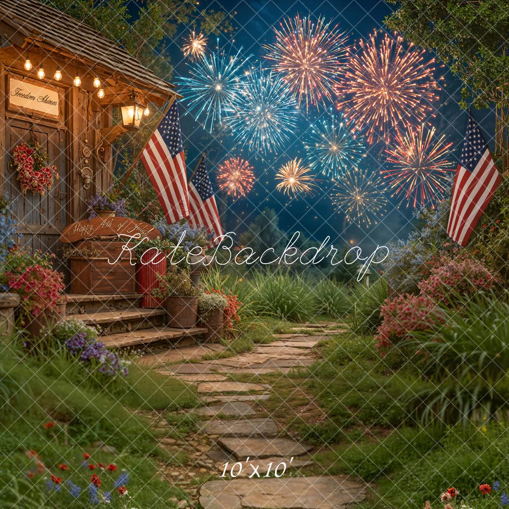 Kate 4th of July Patriotic Fireworks Porch Garden American Flags Printed Backdrop Designed by Emetselch