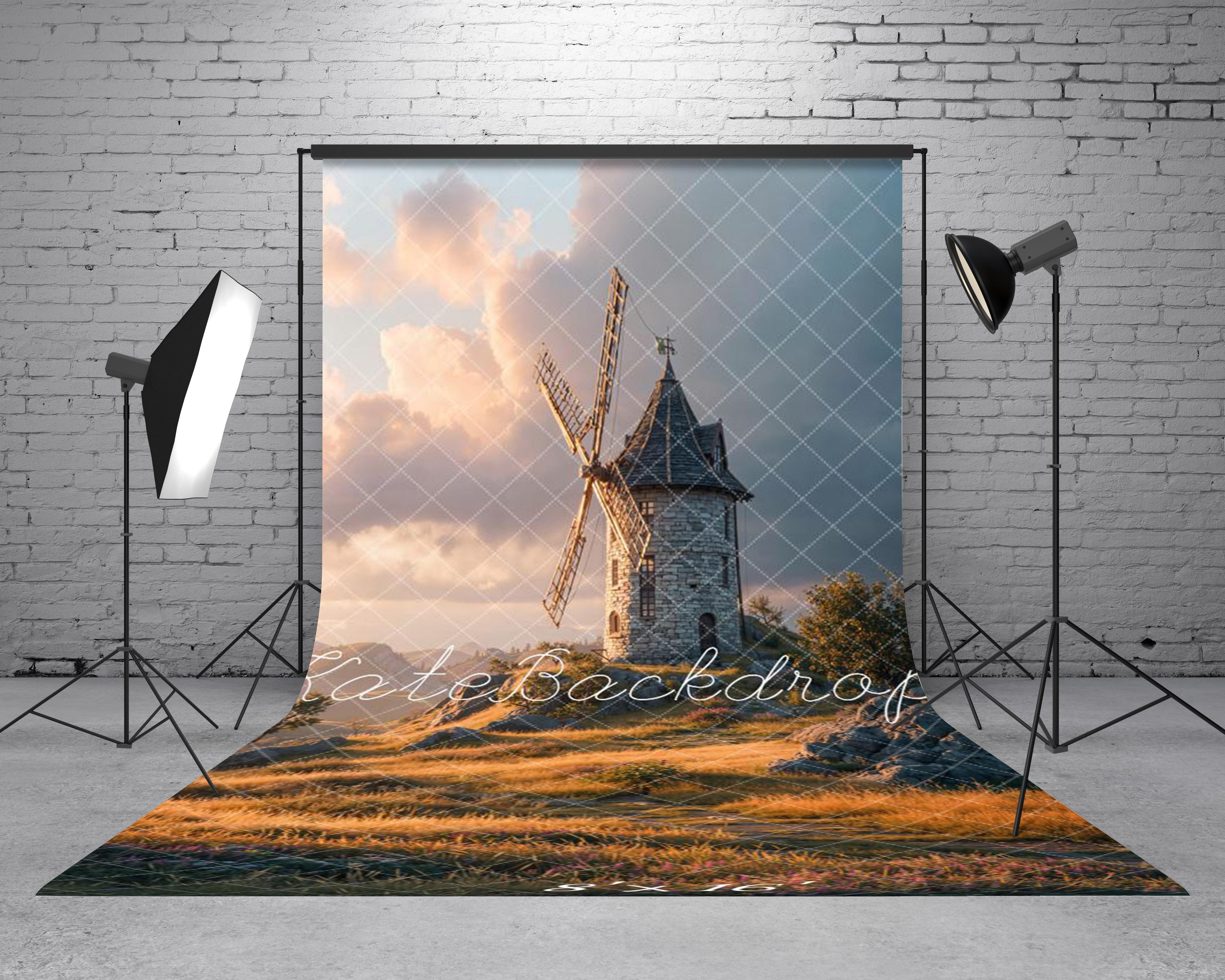 Kate Sweep Windmill Stone Tower Golden Meadow Printed Backdrop Designed by Chain Photography