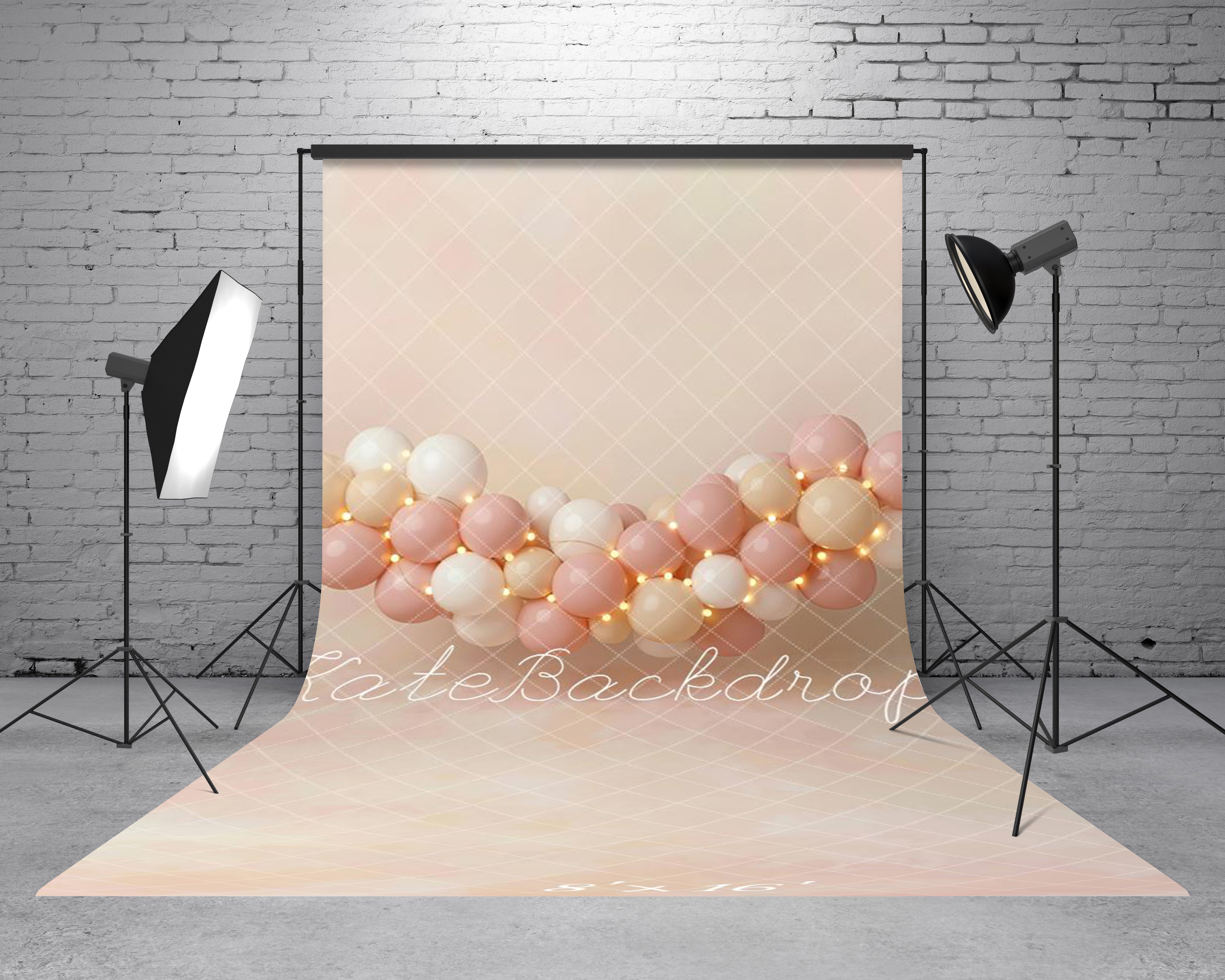 Kate Sweep Cake Smash Pink Balloon Garland String Lights Printed Backdrop Designed by Emetselch