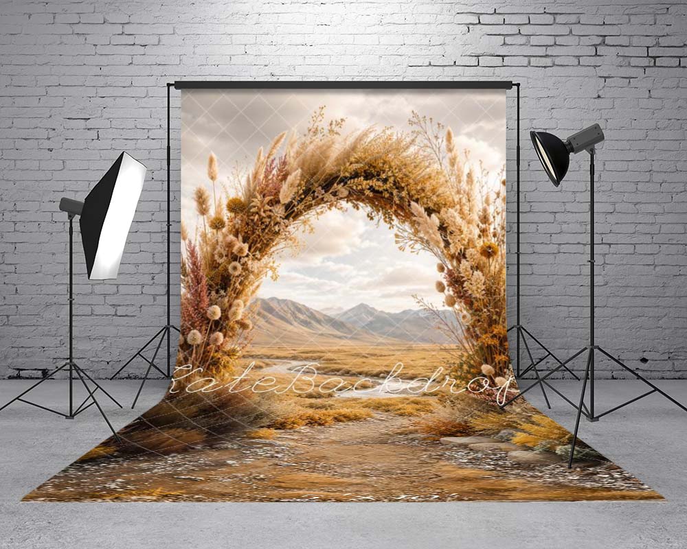 Kate Sweep Boho Flower Arch Rustic Pathway Field Mountains Printed Backdrop Designed by Emetselch
