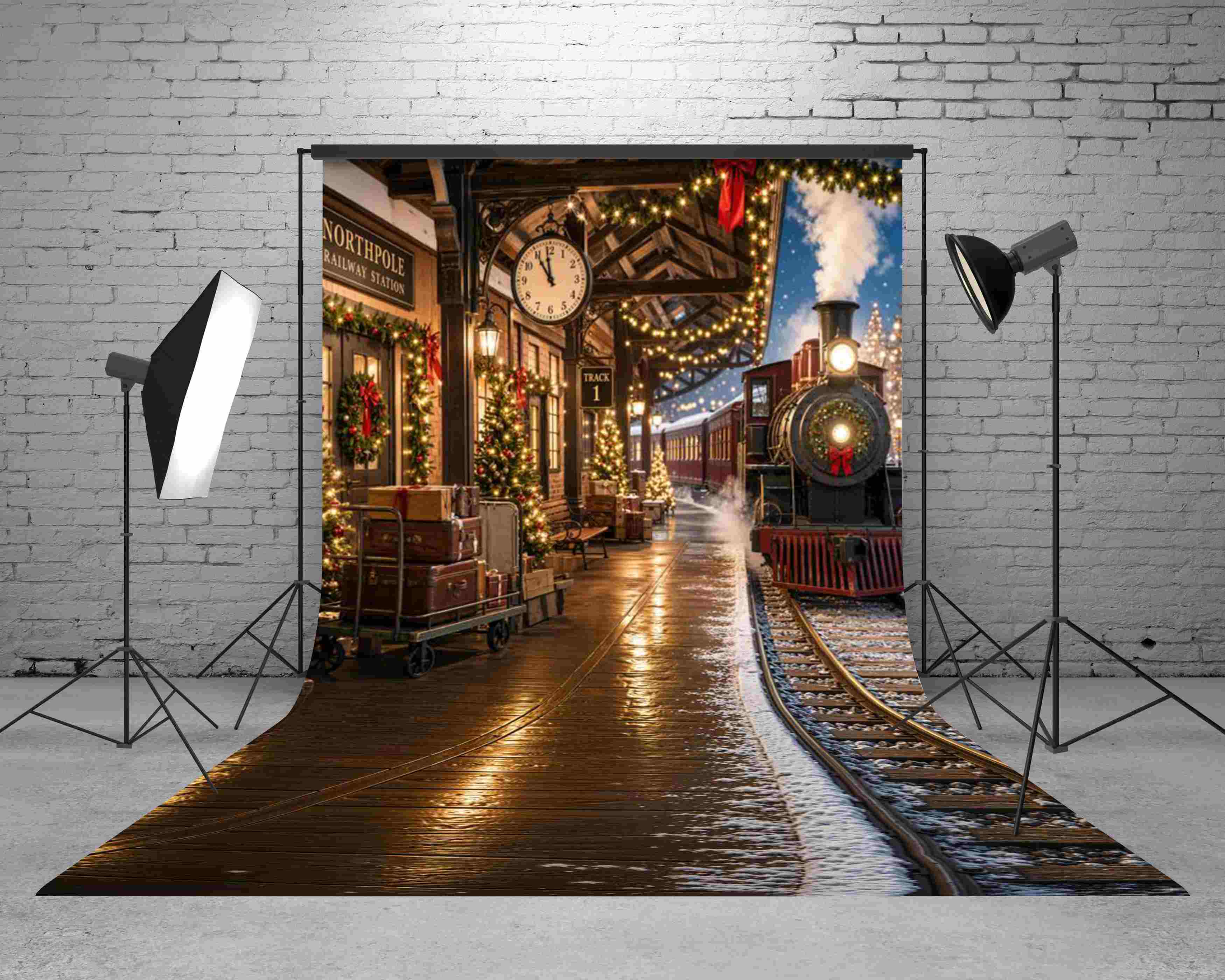 Kate Sweep Christmas Polar Train Railway Station Night Snow Printed Backdrop Designed by Emetselch