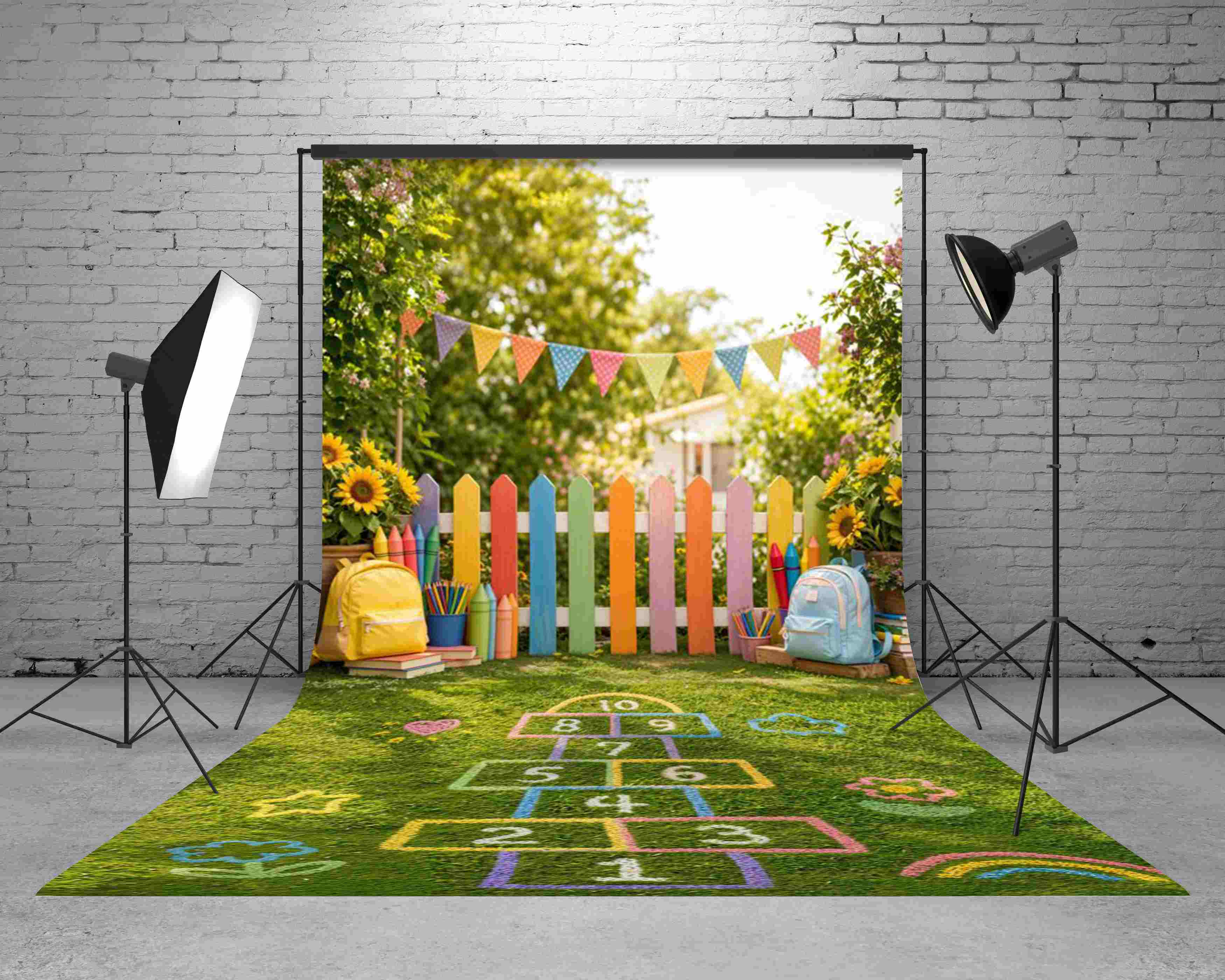 Kate Sweep Back to School Colorful Fence Hopscotch Sunflowers Playground Printed Backdrop Designed by Emetselch