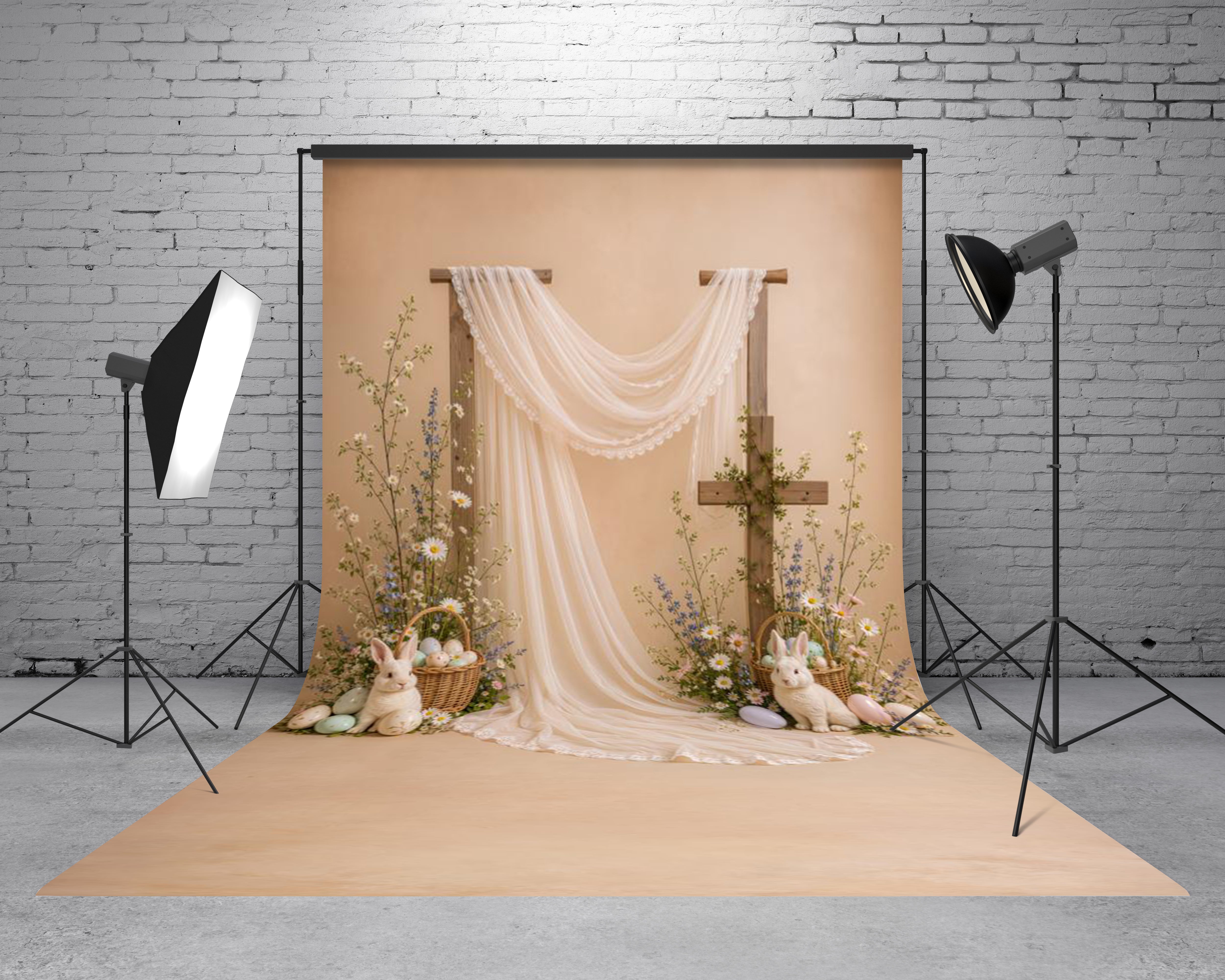 Kate Sweep Easter Cross Drapery Bunny Beige Floral Printed Backdrop Designed by Emetselch