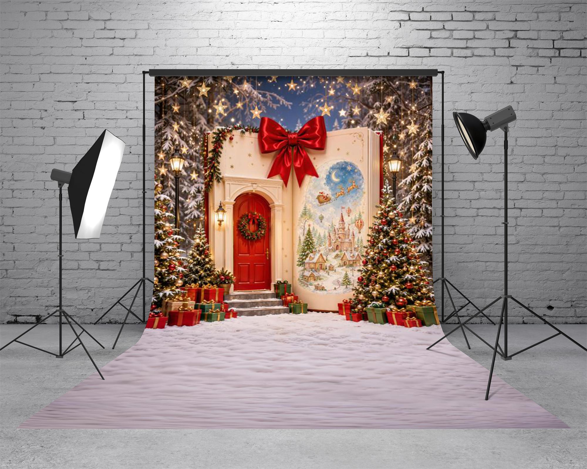 Kate Sweep Christmas Storybook Snowy Doorway Red Bow Christmas Trees Castle Printed Backdrop Designed by Emetselch