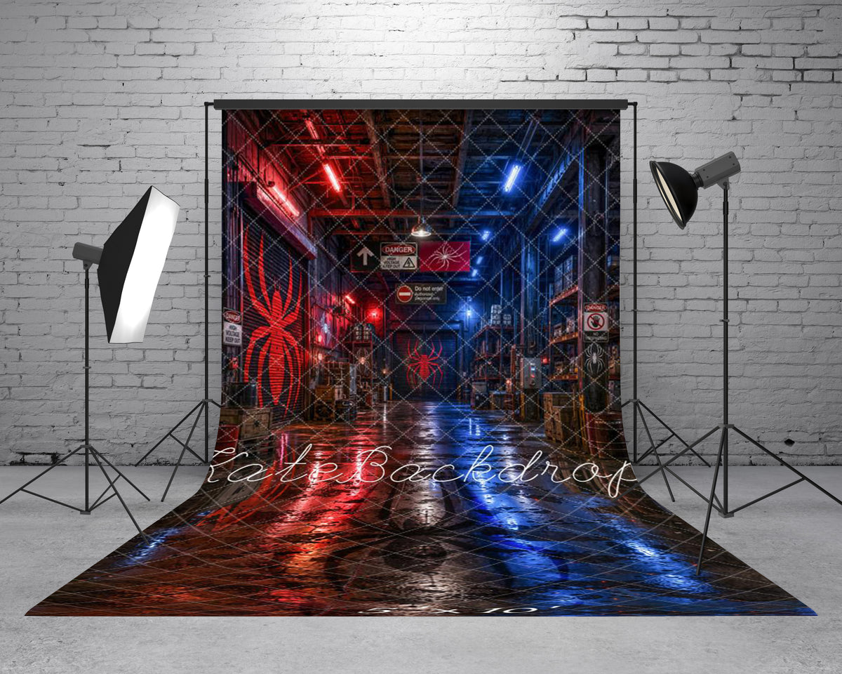 Kate Sweep Urban Industrial Warehouse Red Blue Spider Printed Backdrop Designed by Emetselch