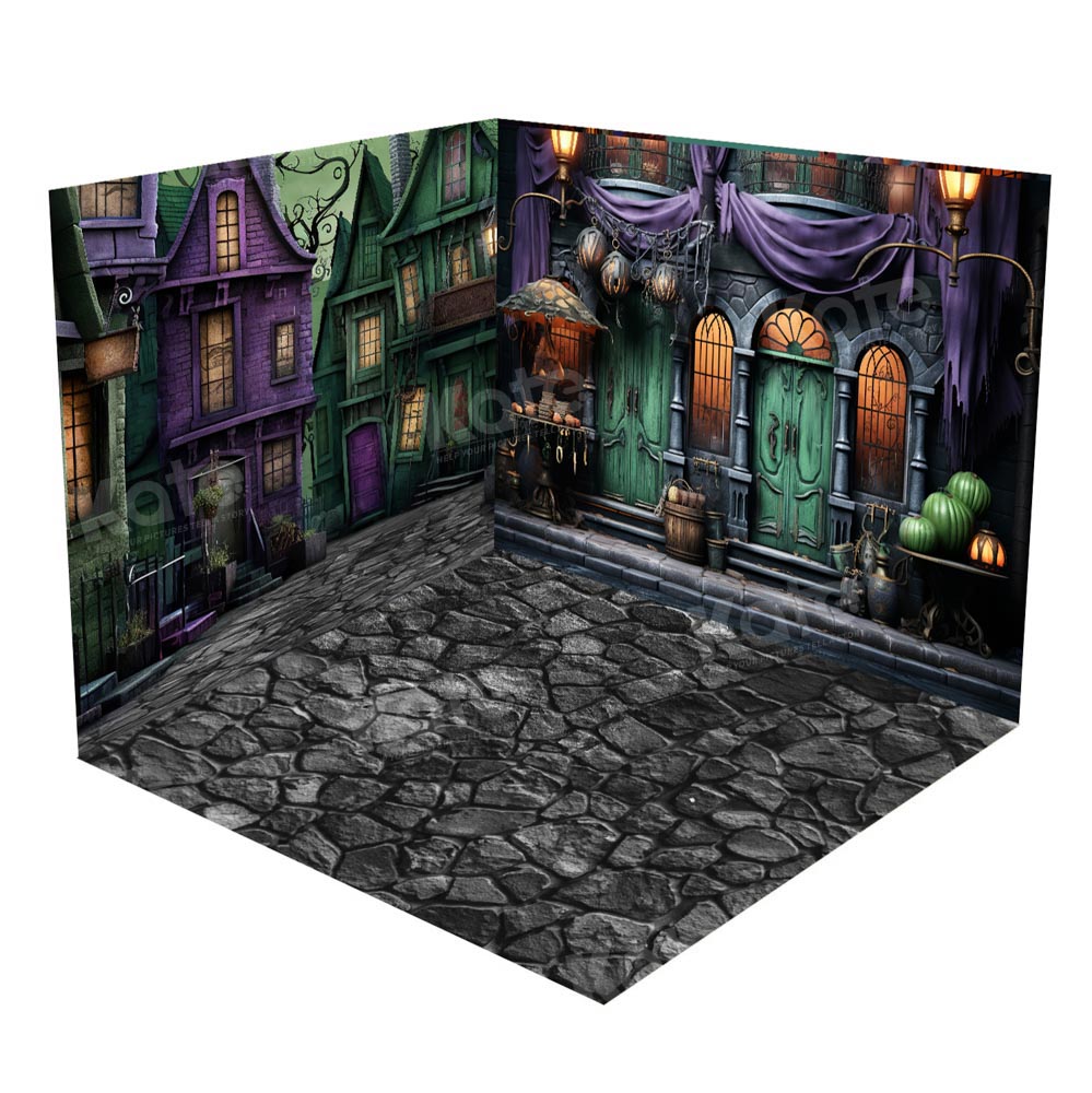Halloween Set da 1 camera su una strada deserta verde e viola (8ftx8ft&10ftx8ft&8ftx10ft)