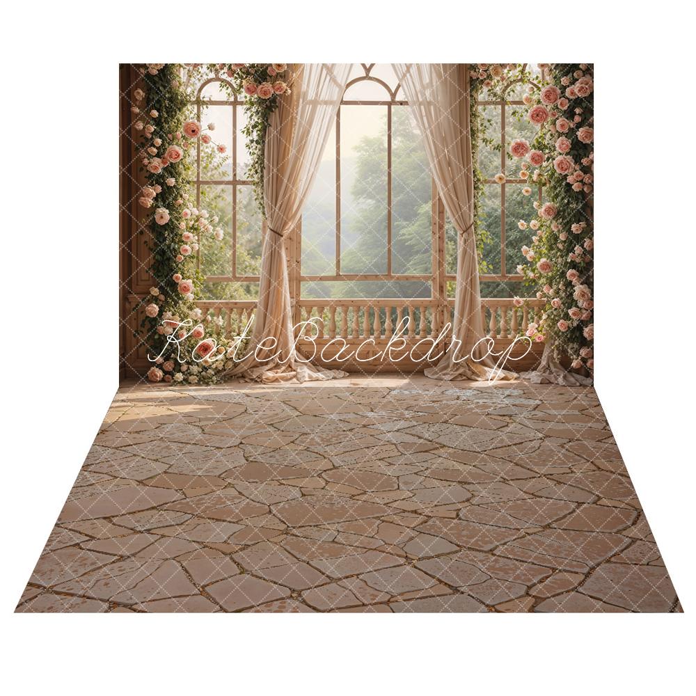 Kate Spring Pink Flowers Window Room Backdrop+Muddy Stone Floor Backdrop