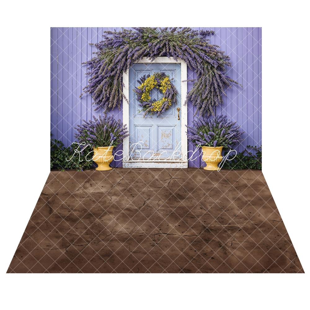 Sfondo per porta in legno con glicine primaverile + Sfondo per pavimento in terra crepata