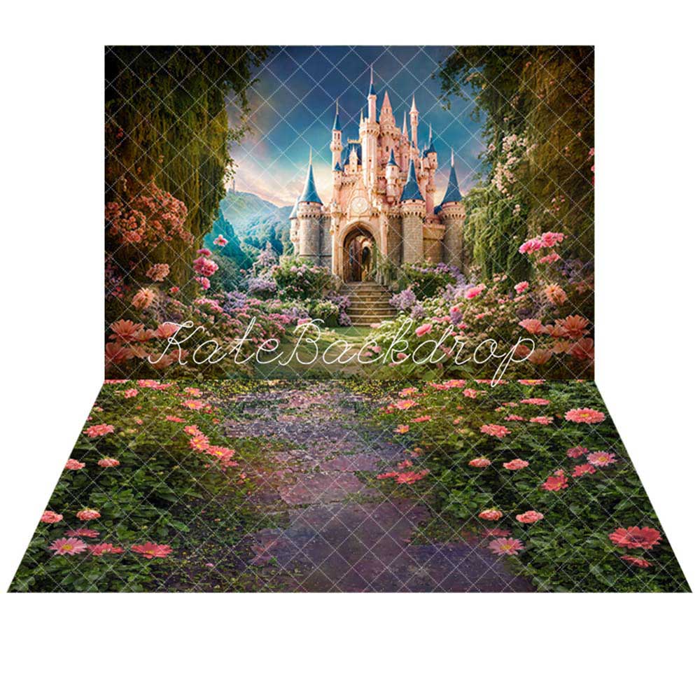 Kate Spring Fantasy Forest Flower Castle Backdrop+ Valentine's Day Pink Rose Stone Floor Backdrop