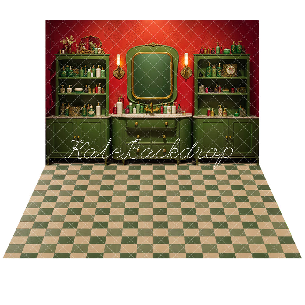 Kate Vintage Red Wall Dark Green Beauty Shop Backdrop+Vintage Beige and Green Plaid Floor Backdrop