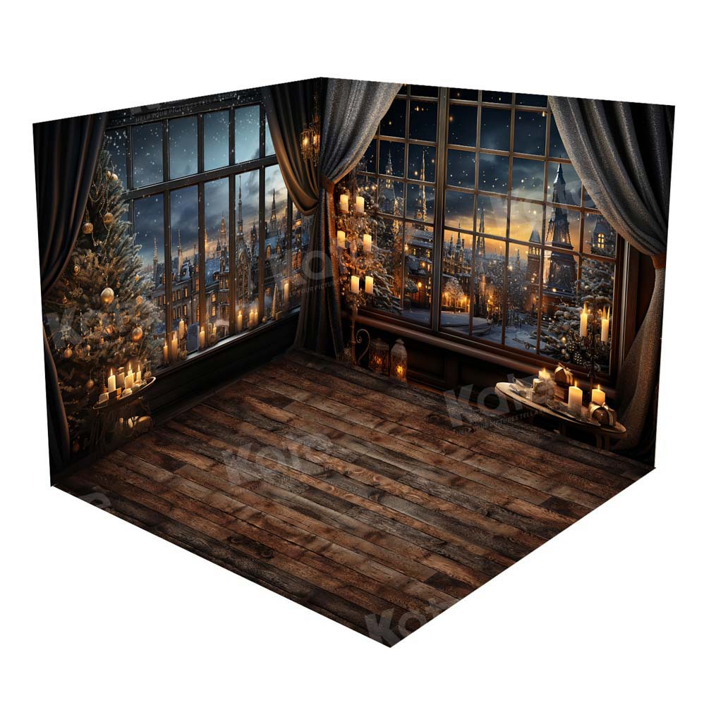 Kate Christmas Snowy Town Outwindow in Night Candle Room Set(8ftx8ft&10ftx8ft&8ftx10ft)