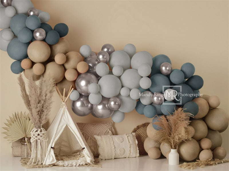Boho Ballonnen Tent Fleece Foto Achtergrond Mat Blauw Ontworpen door Mandy Ringe Fotografie