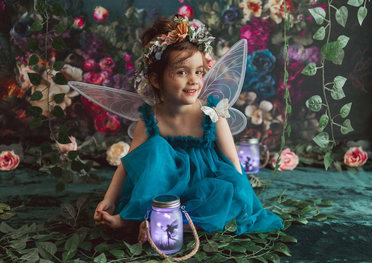 Kate Spring Fine Art Oil Painterly Floral Dark Teal Backdrop Designed by Mini MakeBelieve