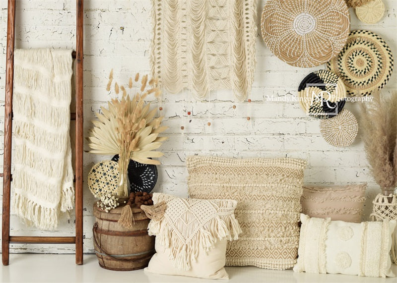 Kate Boho Macrame Wall with Baskets and Ladder Backdrop Designed by Mandy Ringe Photography