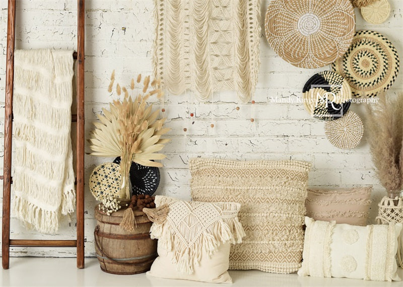 Boho Macrame Wand met Manden en Ladder Foto Achtergrond Ontworpen door Mandy Ringe Photography
