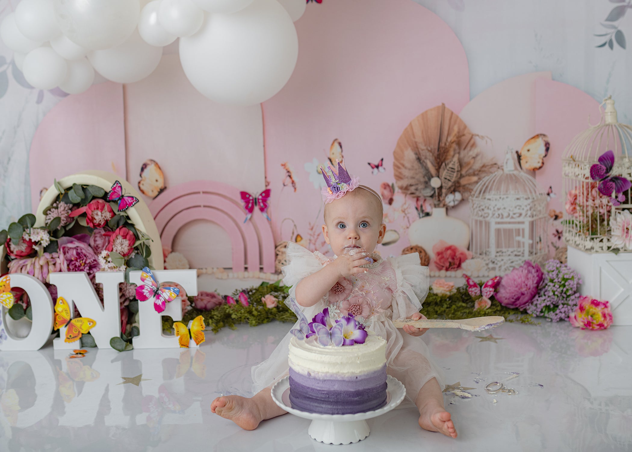 Kate Buttefly Floral Girl Cake Smash Backdrop Designed by Ashley Paul