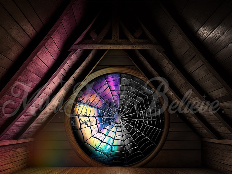Spaventoso Halloween Colorful Spiderweb Window Fleece Backdrop Design by Mini MakeBelieve per Camera d'Albergo dell'Attico