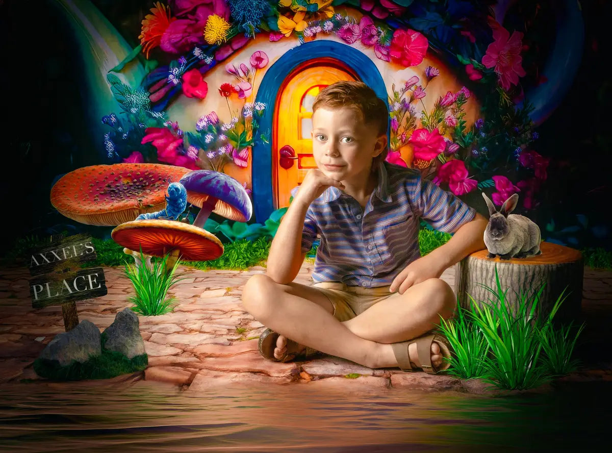 Kate Painterly Fine Art Enchanted Fairy Teapot House with Flowers Backdrop Designed by Mini MakeBelieve