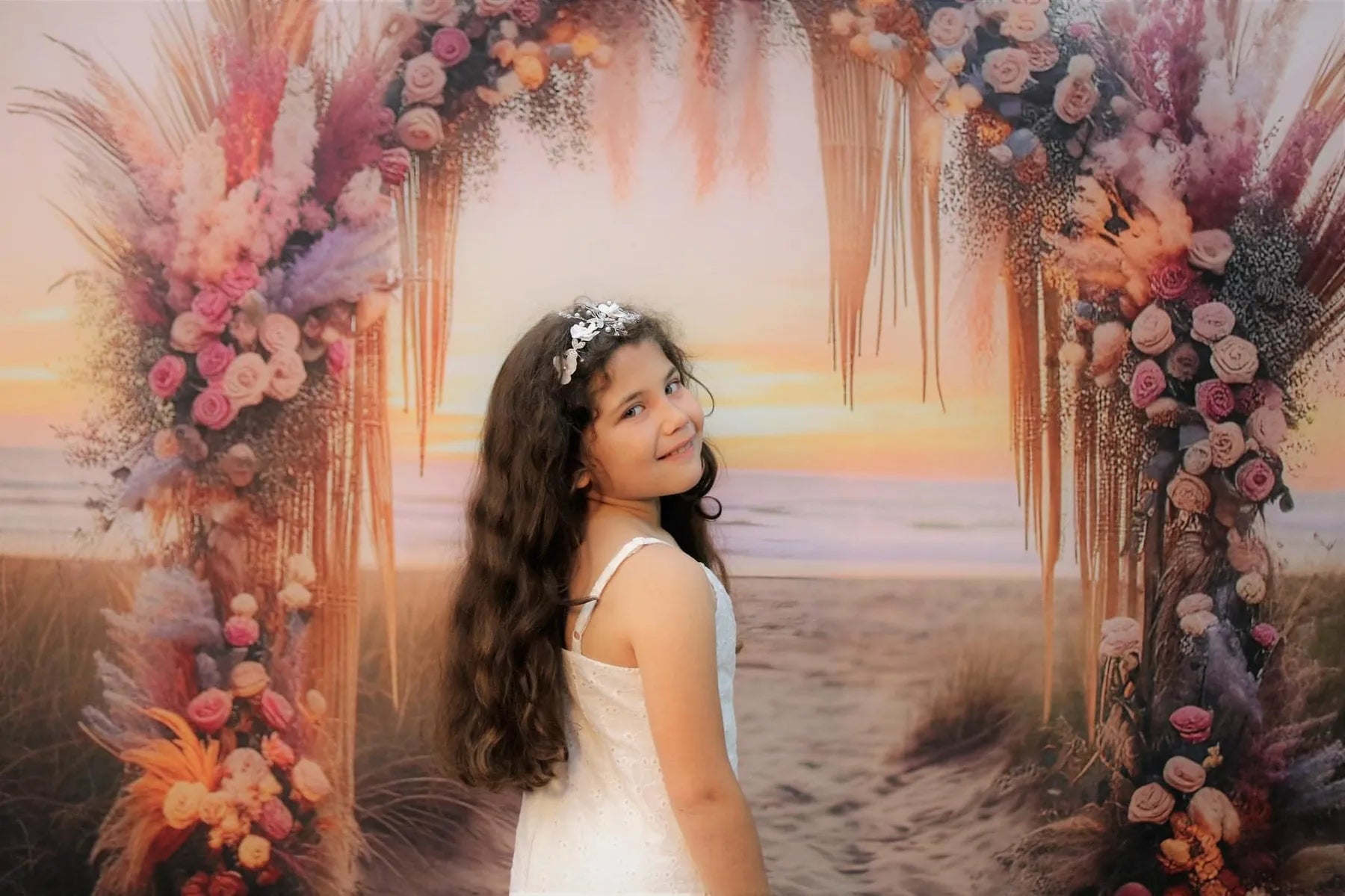 Kate Painterly Fine Art Boho Beach Sunset Arch Cake Smash Birthday Printed Backdrop Designed by Mini MakeBelieve